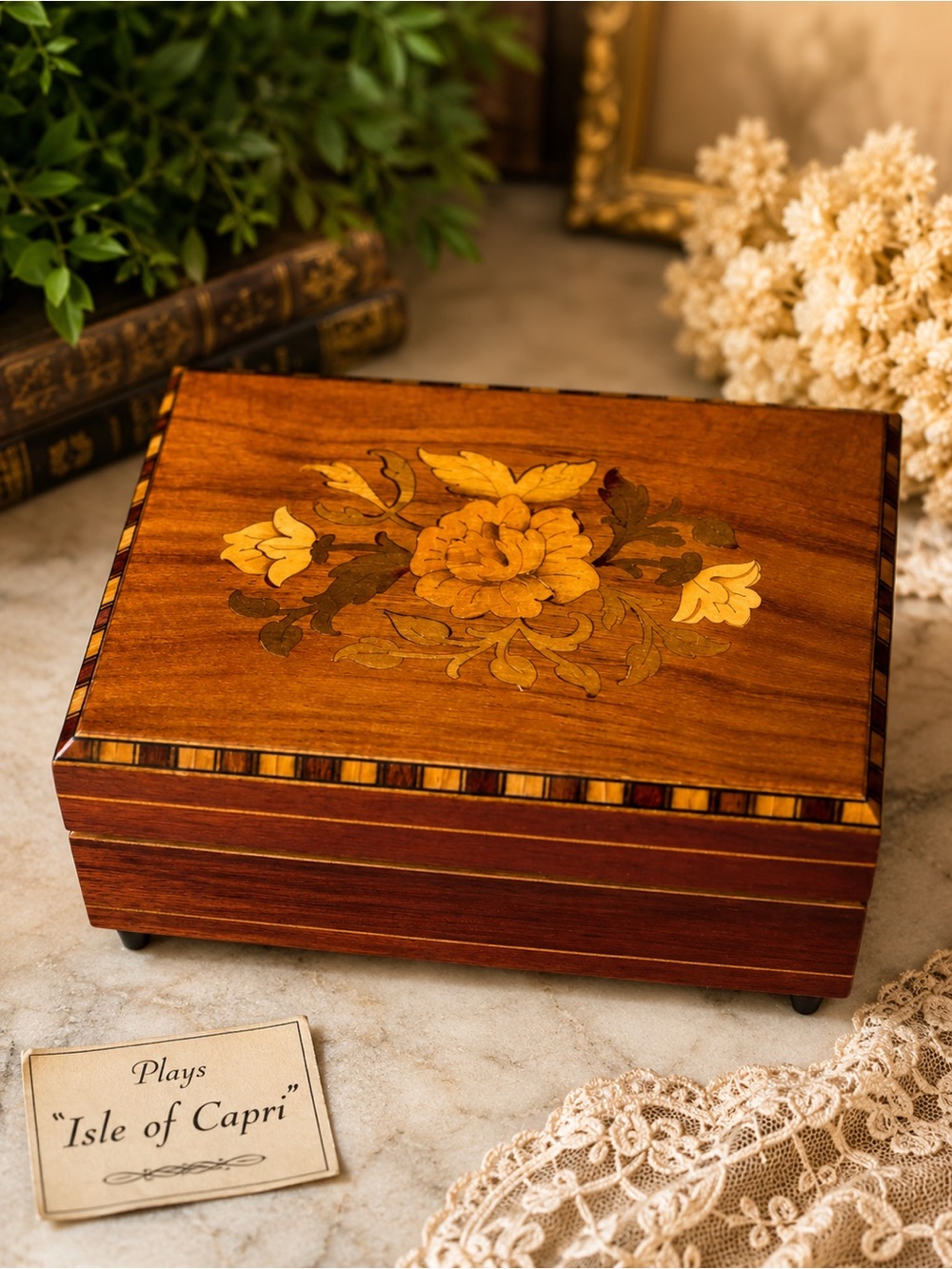 Vintage Notturno Intarsio Sorrento Italy Inlaid Wood Music Box Isle of Capri